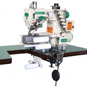 TK 787T-356-EWT-L200-I servo motor cylinder bed interlock sewing  machine with automatic trimmer and tubular  & ribbed elastic waistband attachment.